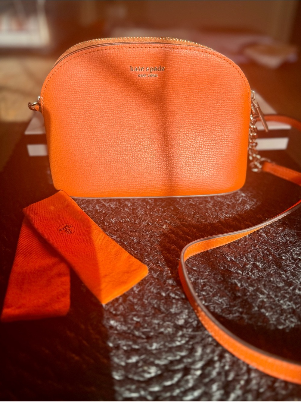 Kate Spade Crossbody Bag Womens Orange Pebbled Dome Chain Strap Top Zip